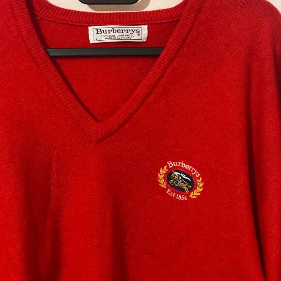 Vintage Burberry Lamb Wool Red Long V Neck Sweater Made in Scotland Size Large - Picture 3 of 6